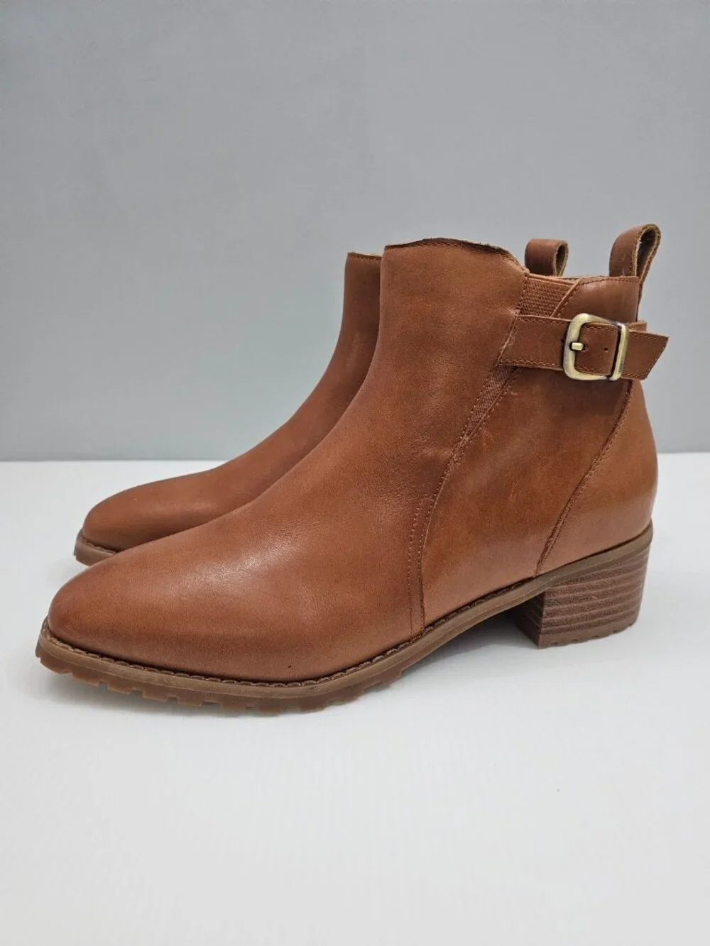 Blondo Sullivan Waterproof Ankle Boot Tan Leather Buckle Block Heel Womens 8